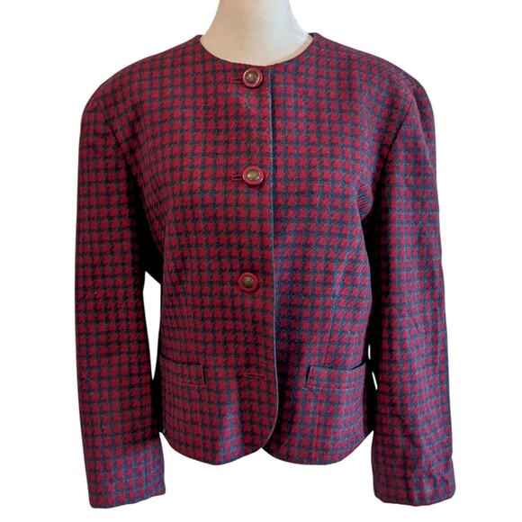 Pendleton Vintage Red Houndstooth Pure Virgin Wool Blazer Size 12 - Picture 1 of 5